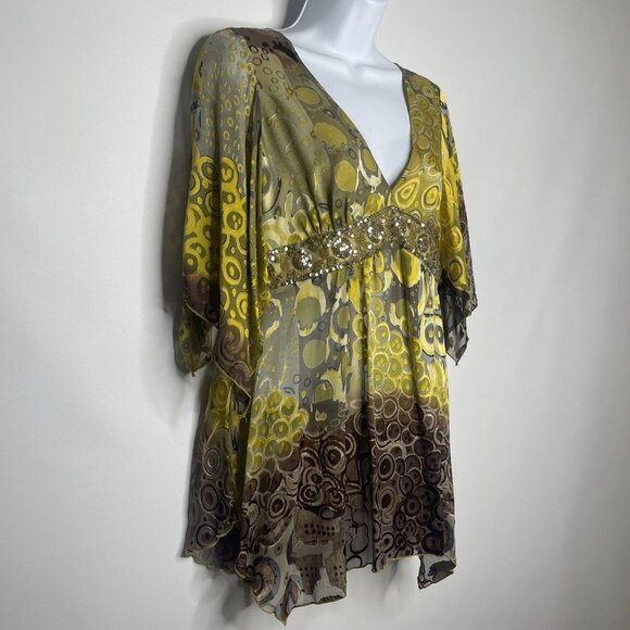Vintage Y2K Anna Paul Silk Blouse Size M Green Gold Embroidery Sequins Maternity - Picture 3 of 8